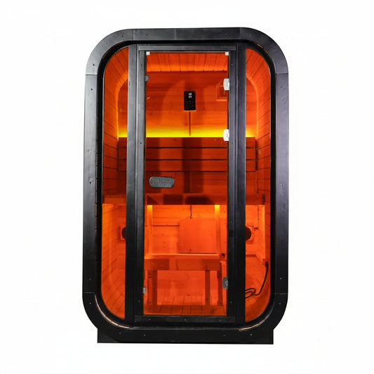 1-2 Person Outdoor Traditional Steam Sauna, Weatherproof Square Sauna Cabin with Black Trim, Natural Spruce Wood Sauna Room, LED Strip & Panoramic Glass Door, for Backyard Garden Home Spa, Relaxation