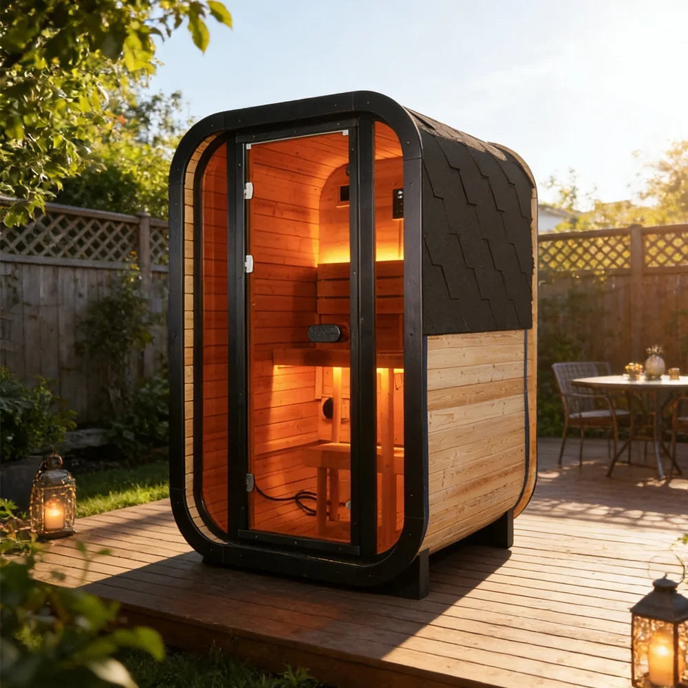 1-2 Person Outdoor Traditional Steam Sauna, Weatherproof Square Sauna Cabin with Black Trim, Natural Spruce Wood Sauna Room, LED Strip & Panoramic Glass Door, for Backyard Garden Home Spa, Relaxation — product view 3