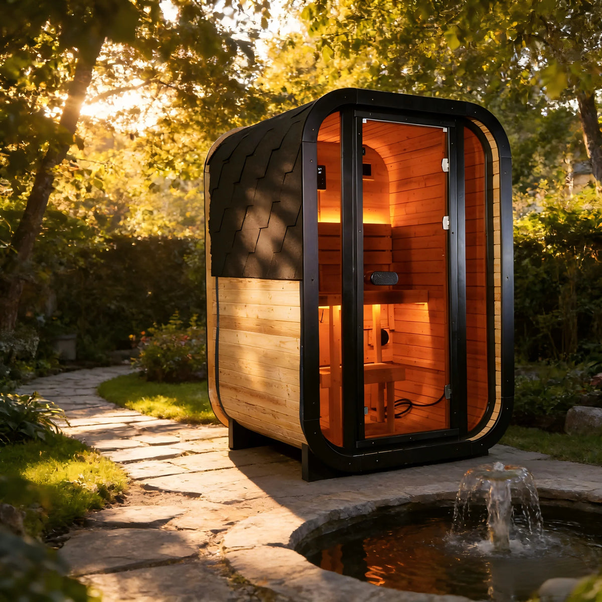 1-2 Person Outdoor Traditional Steam Sauna, Weatherproof Square Sauna Cabin with Black Trim, Natural Spruce Wood Sauna Room, LED Strip & Panoramic Glass Door, for Backyard Garden Home Spa, Relaxation — product view 4