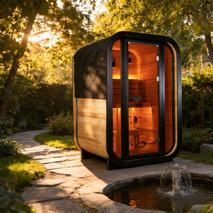 1-2 Person Outdoor Traditional Steam Sauna, Weatherproof Square Sauna Cabin with Black Trim, Natural Spruce Wood Sauna Room, LED Strip & Panoramic Glass Door, for Backyard Garden Home Spa, Relaxation — product view 4