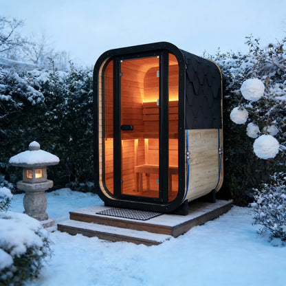 1-2 Person Outdoor Traditional Steam Sauna, Weatherproof Square Sauna Cabin with Black Trim, Natural Spruce Wood Sauna Room, LED Strip & Panoramic Glass Door, for Backyard Garden Home Spa, Relaxation — product view 5