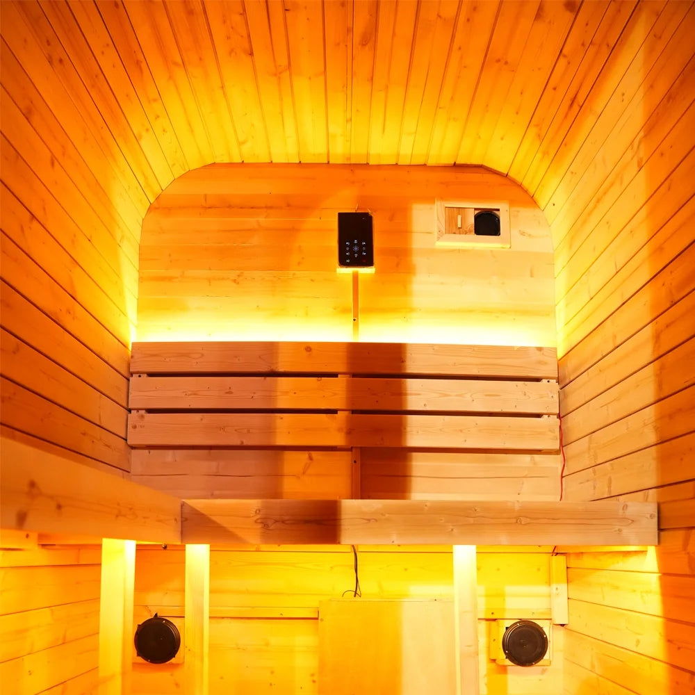 1-2 Person Outdoor Traditional Steam Sauna, Weatherproof Square Sauna Cabin with Black Trim, Natural Spruce Wood Sauna Room, LED Strip & Panoramic Glass Door, for Backyard Garden Home Spa, Relaxation — product view 6