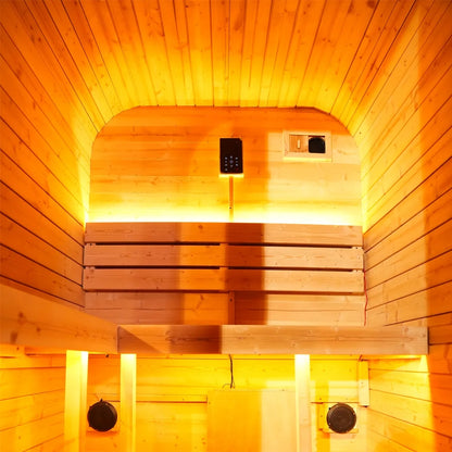 1-2 Person Outdoor Traditional Steam Sauna, Weatherproof Square Sauna Cabin with Black Trim, Natural Spruce Wood Sauna Room, LED Strip & Panoramic Glass Door, for Backyard Garden Home Spa, Relaxation — product view 6
