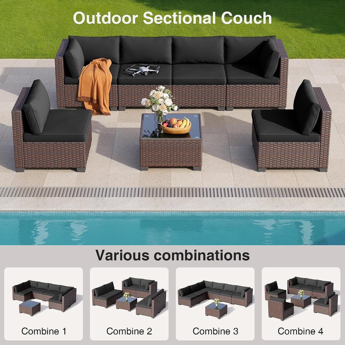 7 Pieces Outdoor Patio Furniture Set, All-Weather PE Rattan Outdoor Patio Sectio — product view 3