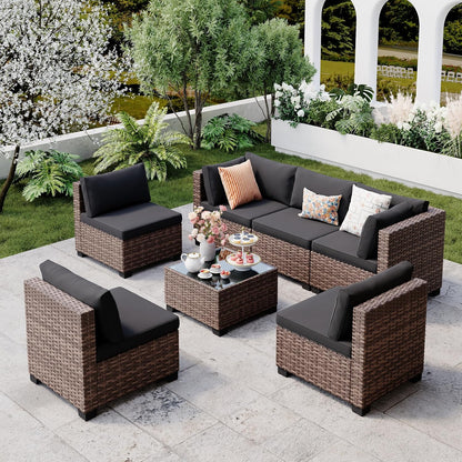 7 Pieces Outdoor Patio Furniture Set, All-Weather PE Rattan Outdoor Patio Sectio — product view 9