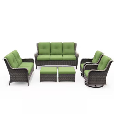 6-Piece Patio Sofa Set with Swivel Rockers & Green Cushions