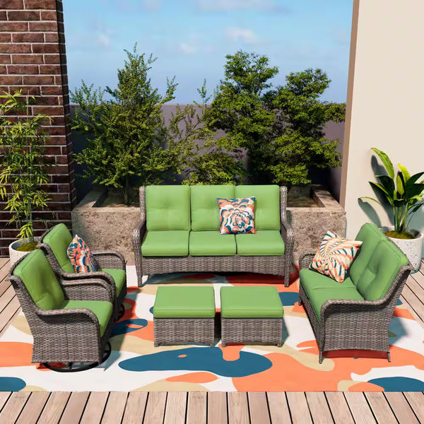 6-Piece Patio Sofa Set with Swivel Rockers & Green Cushions