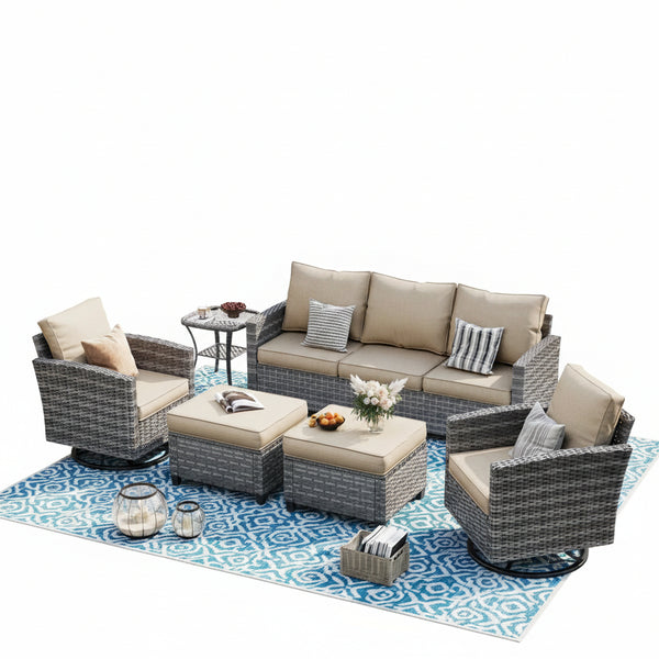 Patio Furniture Set, 6 Pieces Outdoor Patio Set, All-Weather Wicker Rattan Outdoor Furniture Set with Swivel Chairs for Poolside, Backyard, Gray Wicker Khaki Cushions