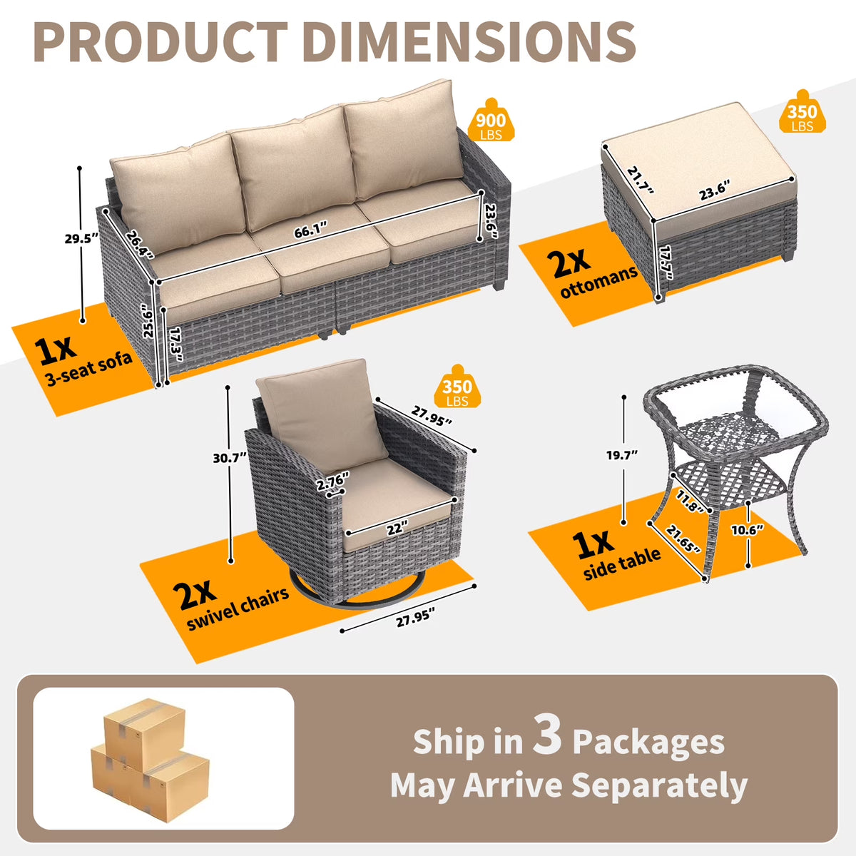 Patio Furniture Set, 6 Pieces Outdoor Patio Set, All-Weather Wicker Rattan Outdoor Furniture Set with Swivel Chairs for Poolside, Backyard, Gray Wicker Khaki Cushions — product view 10