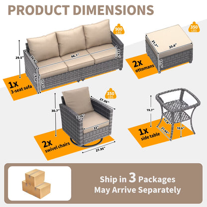 Patio Furniture Set, 6 Pieces Outdoor Patio Set, All-Weather Wicker Rattan Outdoor Furniture Set with Swivel Chairs for Poolside, Backyard, Gray Wicker Khaki Cushions — product view 10