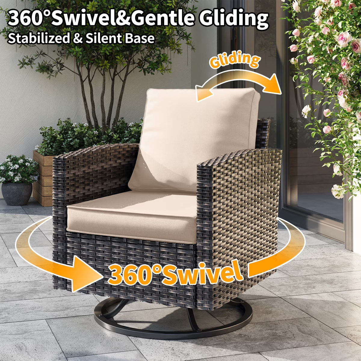 Patio Furniture Set, 6 Pieces Outdoor Patio Set, All-Weather Wicker Rattan Outdoor Furniture Set with Swivel Chairs for Poolside, Backyard, Gray Wicker Khaki Cushions — product view 3