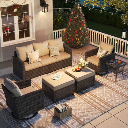 Patio Furniture Set, 6 Pieces Outdoor Patio Set, All-Weather Wicker Rattan Outdoor Furniture Set with Swivel Chairs for Poolside, Backyard, Gray Wicker Khaki Cushions — product view 5