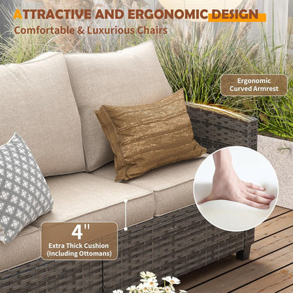 Patio Furniture Set, 6 Pieces Outdoor Patio Set, All-Weather Wicker Rattan Outdoor Furniture Set with Swivel Chairs for Poolside, Backyard, Gray Wicker Khaki Cushions — product view 6
