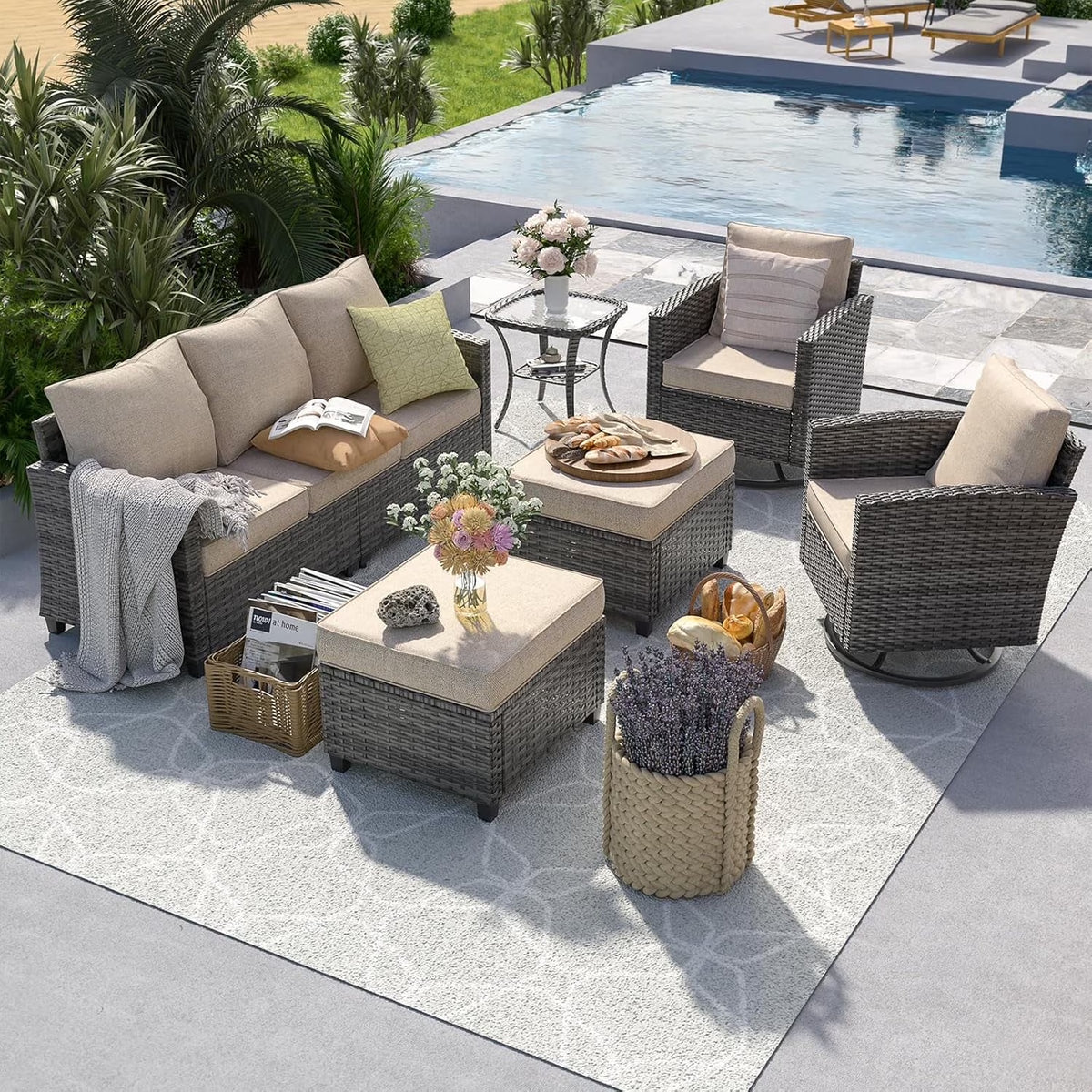 Patio Furniture Set, 6 Pieces Outdoor Patio Set, All-Weather Wicker Rattan Outdoor Furniture Set with Swivel Chairs for Poolside, Backyard, Gray Wicker Khaki Cushions — product view 8