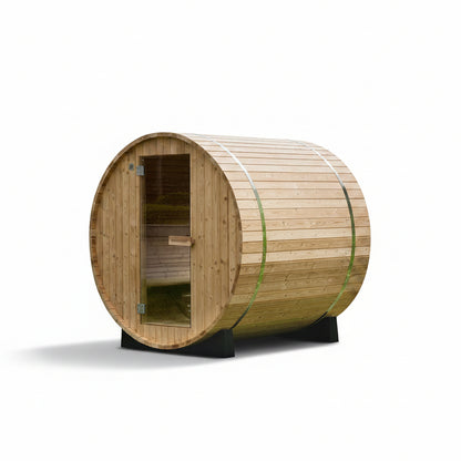WOODBRIDGE 2-Person Luxury Finland Thermo Pine Outdoor Barrel Sauna with Half View Window, Harvia Electric Heater, Sauna Accessories Kit and Asphalt Shingle Roof, 4'X6'
