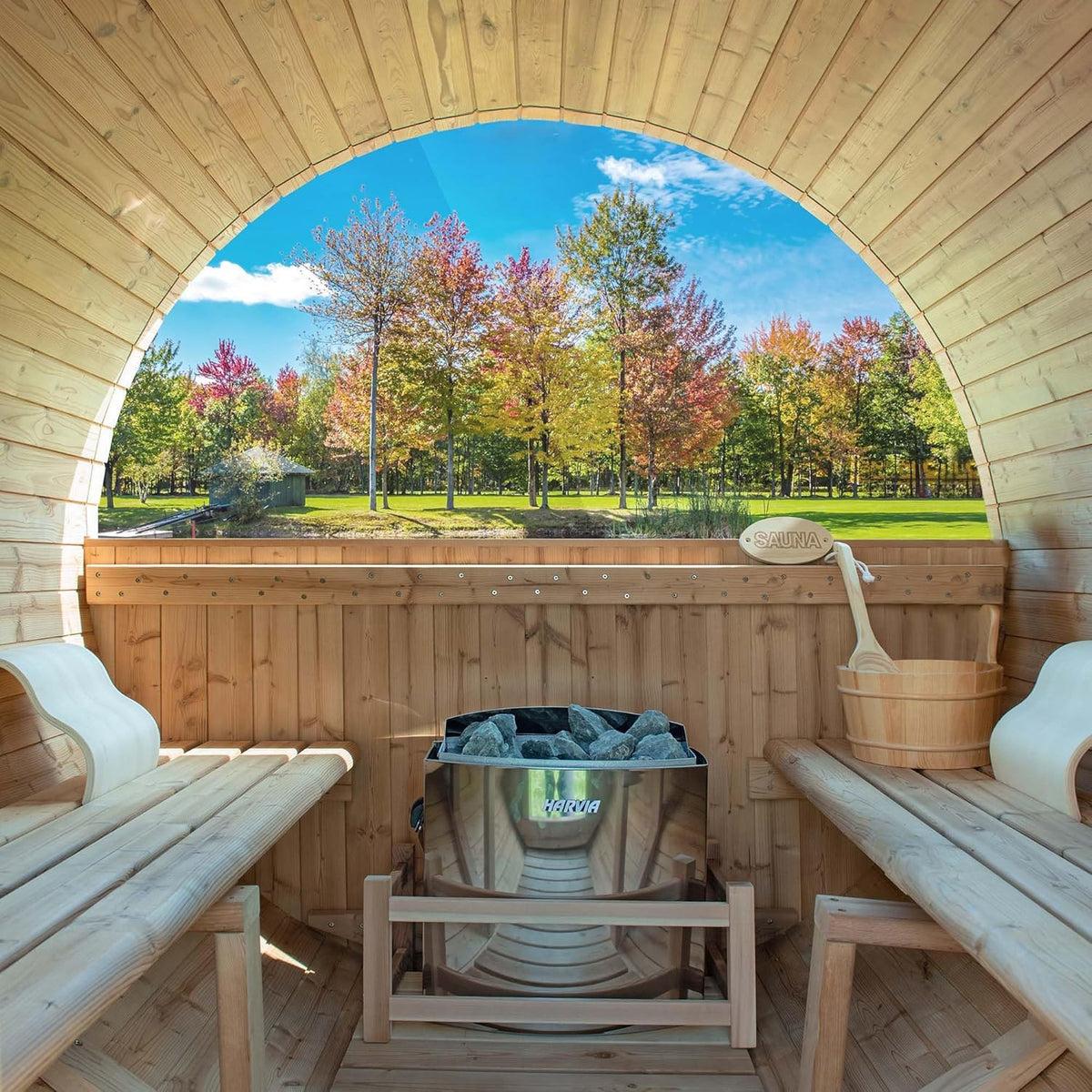 WOODBRIDGE 2-Person Luxury Finland Thermo Pine Outdoor Barrel Sauna with Half View Window, Harvia Electric Heater, Sauna Accessories Kit and Asphalt Shingle Roof, 4'X6' — product view 11