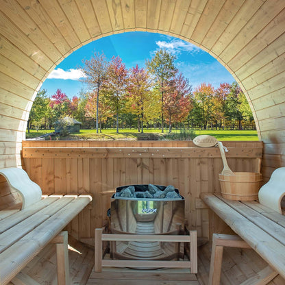 WOODBRIDGE 2-Person Luxury Finland Thermo Pine Outdoor Barrel Sauna with Half View Window, Harvia Electric Heater, Sauna Accessories Kit and Asphalt Shingle Roof, 4'X6' — product view 11