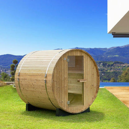 WOODBRIDGE 2-Person Luxury Finland Thermo Pine Outdoor Barrel Sauna with Half View Window, Harvia Electric Heater, Sauna Accessories Kit and Asphalt Shingle Roof, 4'X6' — product view 12
