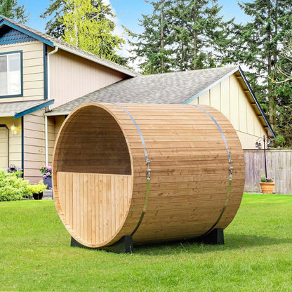 WOODBRIDGE 2-Person Luxury Finland Thermo Pine Outdoor Barrel Sauna with Half View Window, Harvia Electric Heater, Sauna Accessories Kit and Asphalt Shingle Roof, 4'X6' — product view 13
