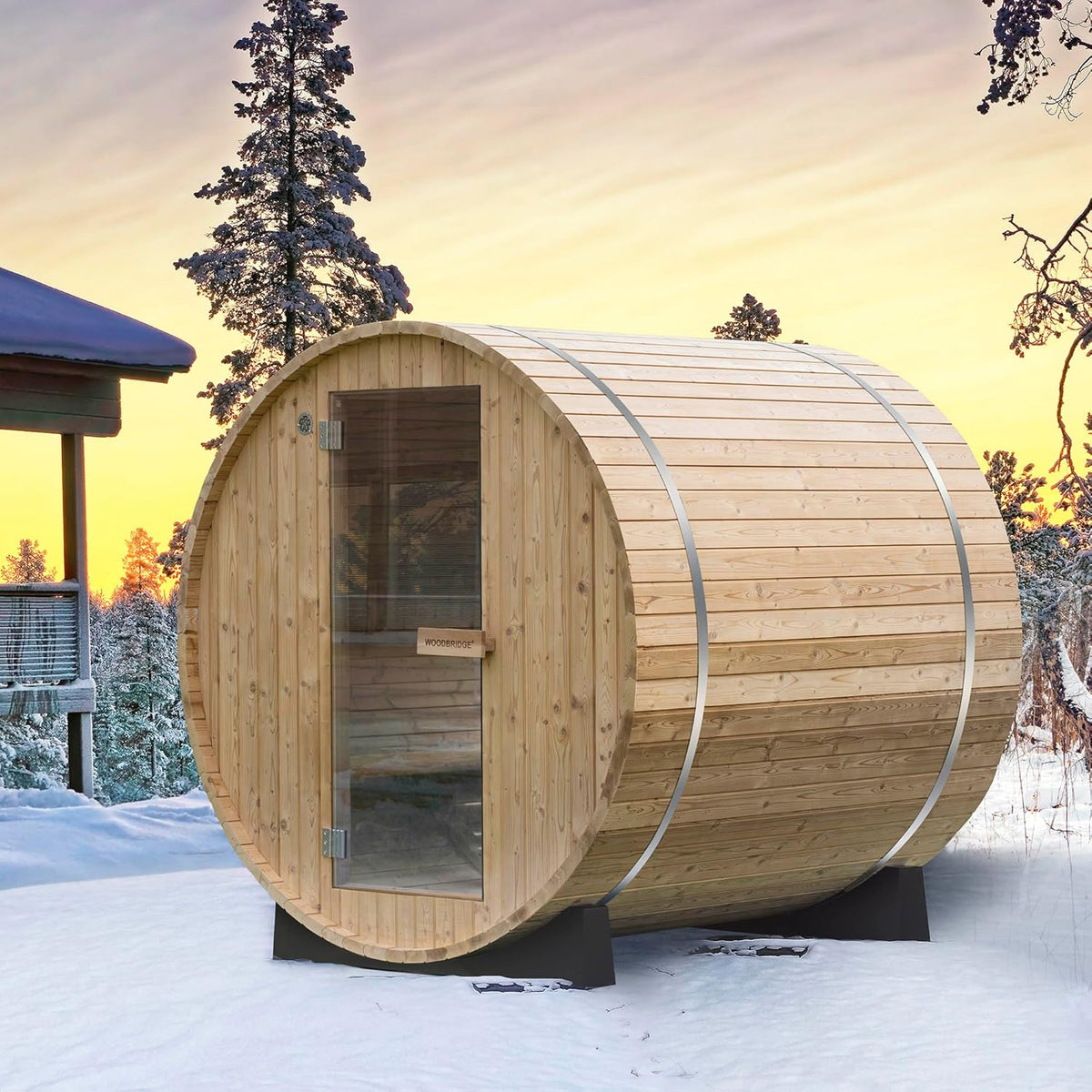 WOODBRIDGE 2-Person Luxury Finland Thermo Pine Outdoor Barrel Sauna with Half View Window, Harvia Electric Heater, Sauna Accessories Kit and Asphalt Shingle Roof, 4'X6' — product view 15