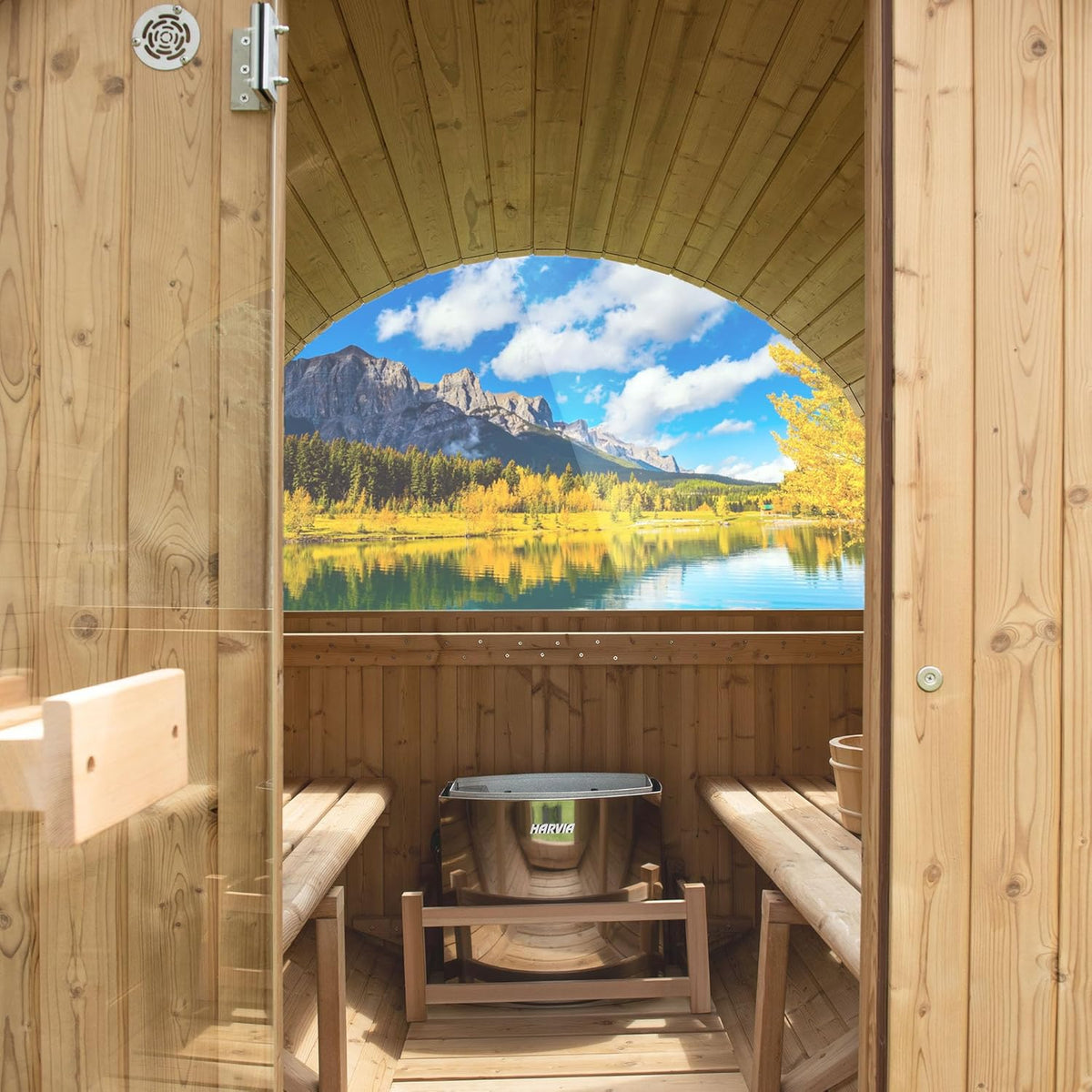 WOODBRIDGE 2-Person Luxury Finland Thermo Pine Outdoor Barrel Sauna with Half View Window, Harvia Electric Heater, Sauna Accessories Kit and Asphalt Shingle Roof, 4'X6' — product view 16