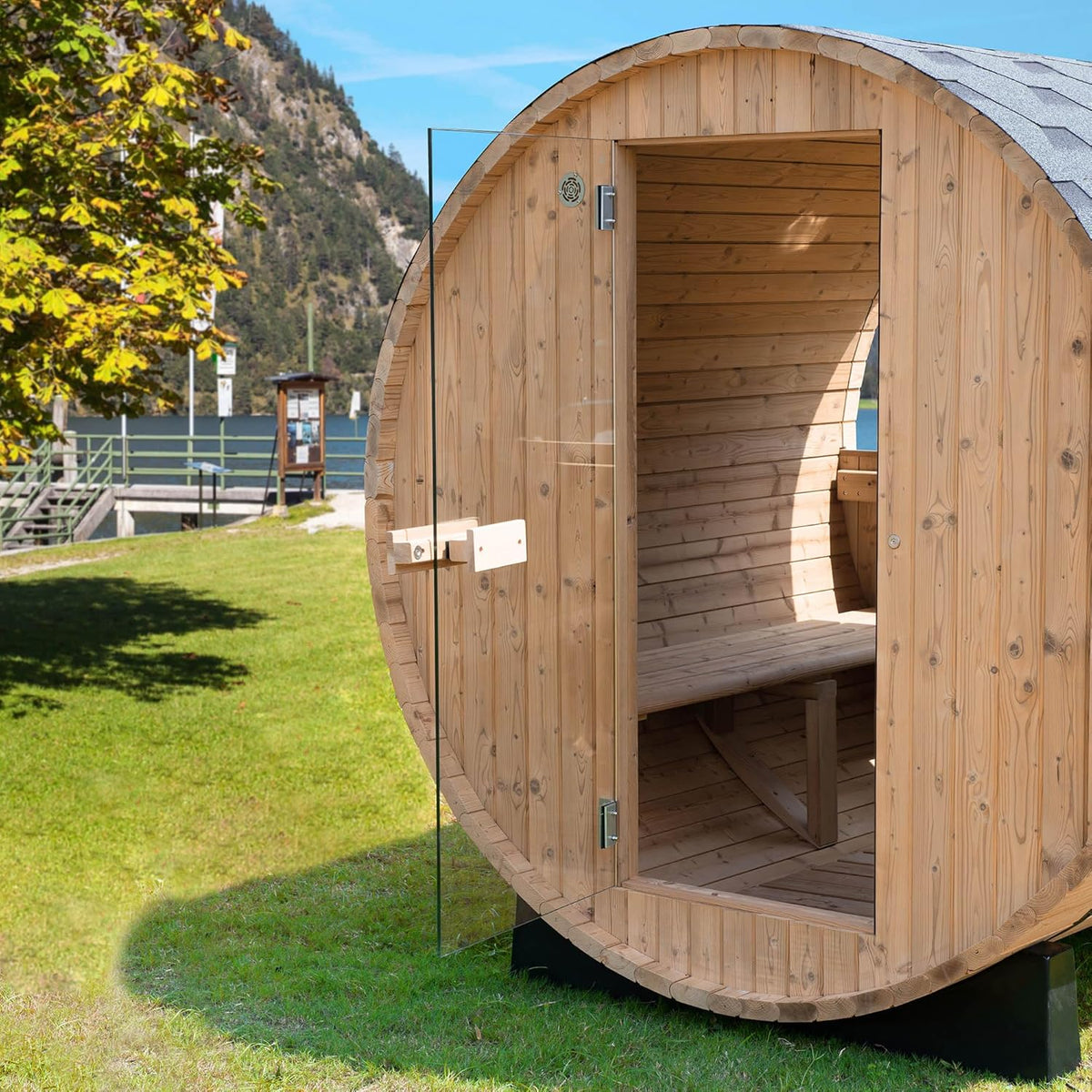 WOODBRIDGE 2-Person Luxury Finland Thermo Pine Outdoor Barrel Sauna with Half View Window, Harvia Electric Heater, Sauna Accessories Kit and Asphalt Shingle Roof, 4'X6' — product view 3