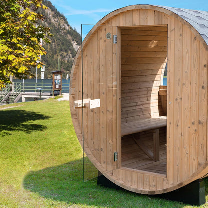 WOODBRIDGE 2-Person Luxury Finland Thermo Pine Outdoor Barrel Sauna with Half View Window, Harvia Electric Heater, Sauna Accessories Kit and Asphalt Shingle Roof, 4'X6' — product view 3